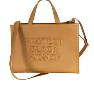 Tan Leather Tote with Embossed Statement
